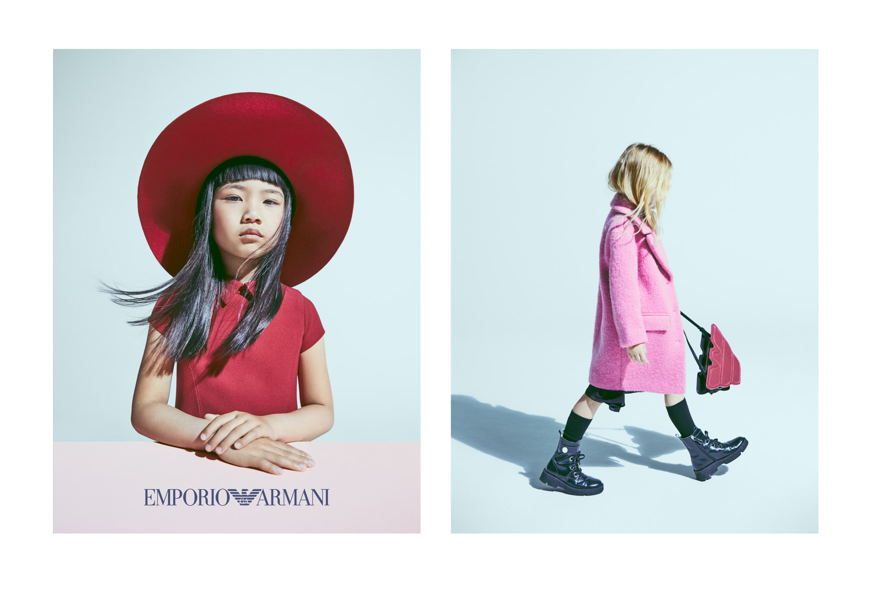 Emporio Armani kids fashion campaign Milano - girls pink coat red hat Federico Leone photographer